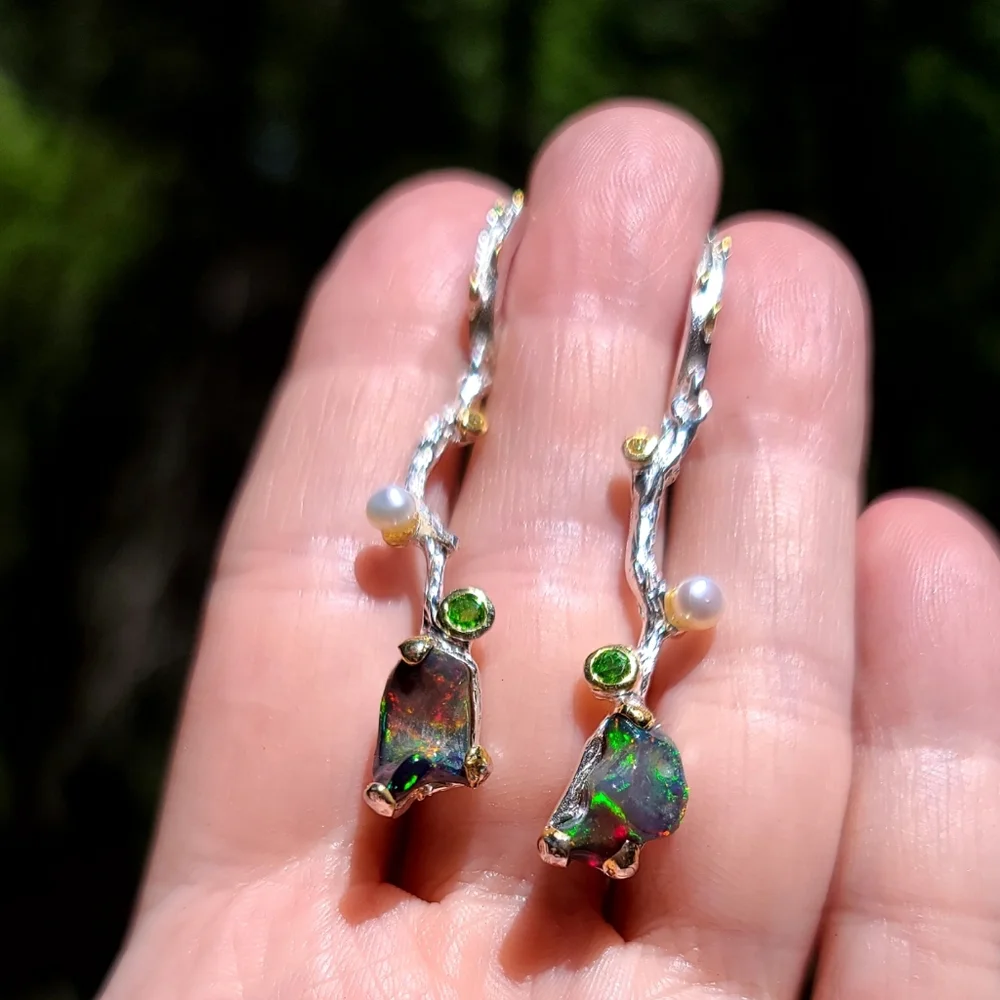 RAW black Opal chrome Diopside pearl & citrine sterling vine earrings - Picture 7 of 13